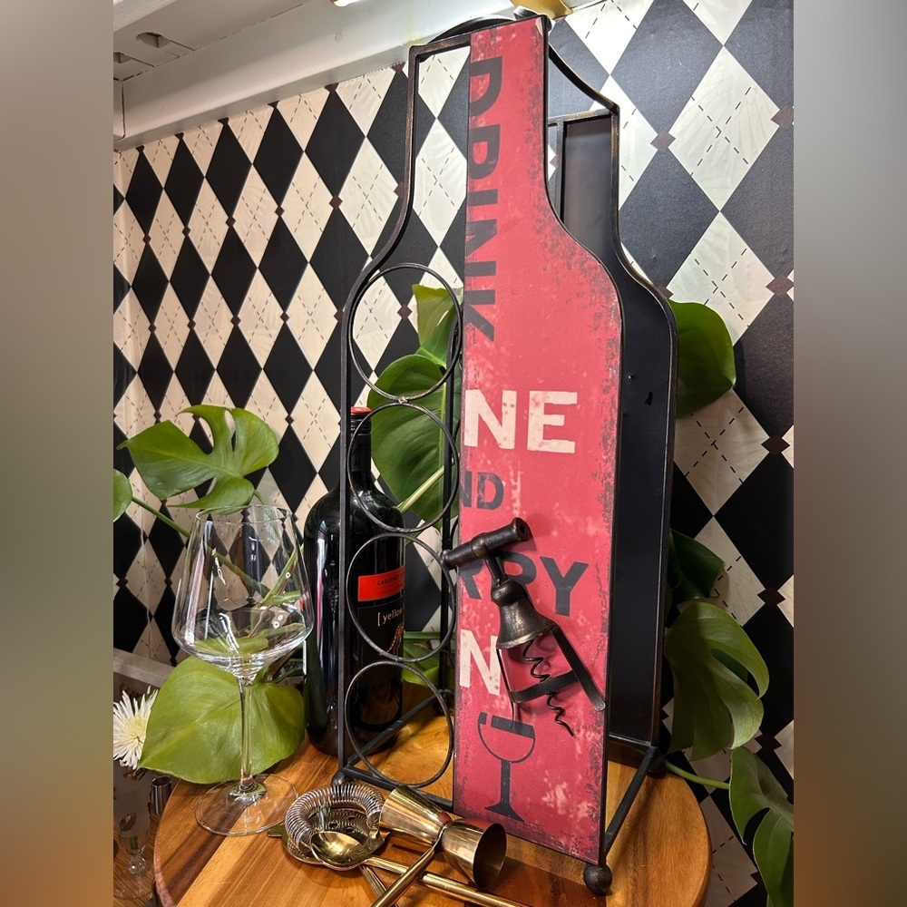 Industrial Wine Bottle Stand – Bold Rustic Iron‎ with Corkscrew Accent